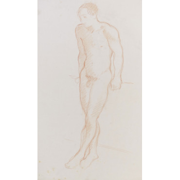 Homme nu debout de face, jambes croisées