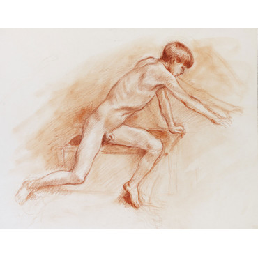 Adolescent assis de profil, bras droit en mouvement