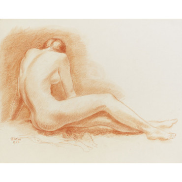 Femme assise à terre, de dos