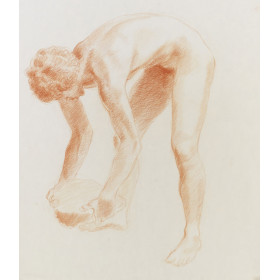 Homme nu penché ramassant une pierre